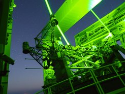 View from inside the LBT at dawn with the ARGOS lasers in operation.