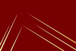 The ARGOS laser constellation as seen by a test telescope. For each of the twin telescopes of LBT the laser bundles resolve into three individual beams. At about 30 km above ground, the visible scattering ends at the top of the earth’s atmosphere.
