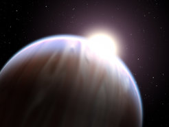 Artists illustration of a Hot Jupiter with its host star peeking just over the horizon.